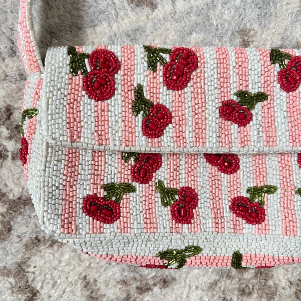 Cherry Beaded Shoulder Bag in Cream and Pink